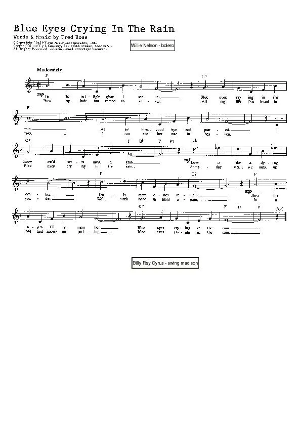 télécharger la partition d'accordéon Blue eyes crying in the rain (Chant : Willie Nelson) (Boléro) au format PDF