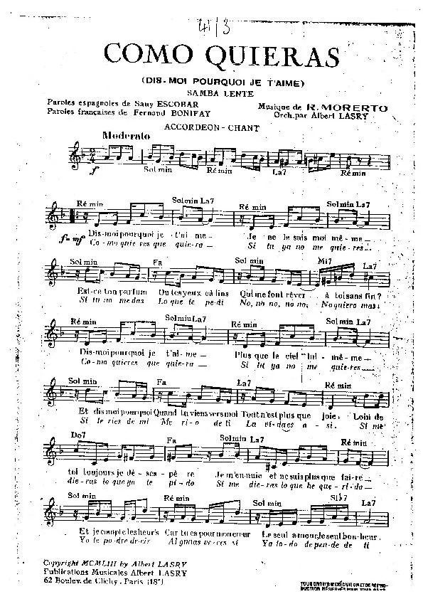 télécharger la partition d'accordéon Como Quieras (Dis-moi pourquoi je t'aime) (Arrangement : Albert Lasry) (Samba Lente) au format PDF