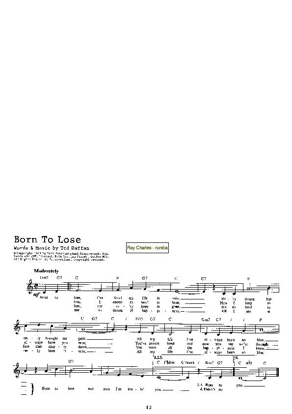 télécharger la partition d'accordéon Born to lose (Chant : Ray Charles) (Rumba) au format PDF
