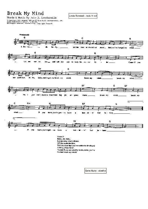 télécharger la partition d'accordéon Break my mind (Chant : Linda Ronstadt) (Rock and Roll) au format PDF