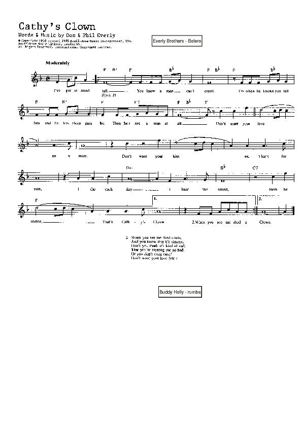télécharger la partition d'accordéon Cathy's clown (Interprètes : The Everly Brothers) (Boléro) au format PDF