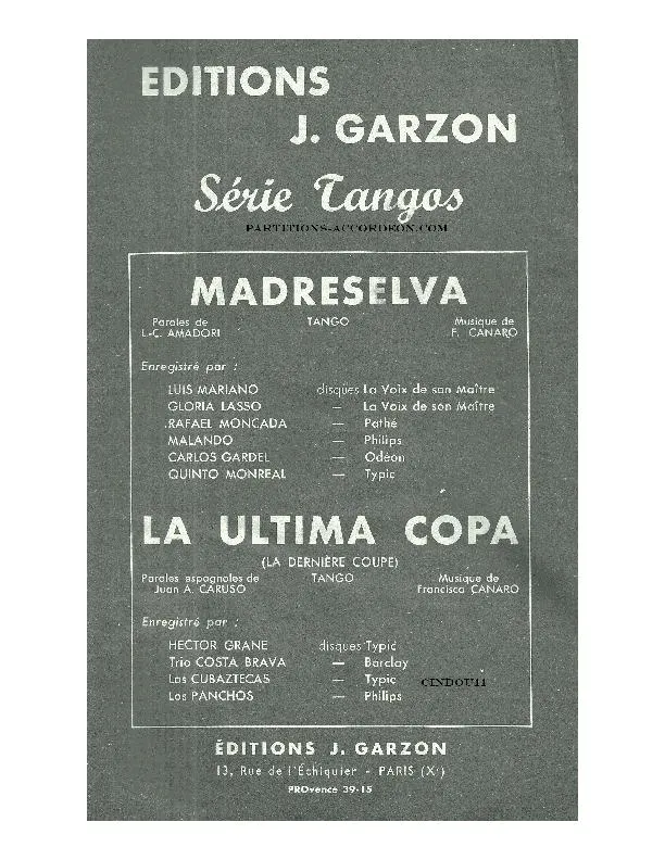 télécharger la partition d'accordéon Madreselva (Chant : Luis Mariano / Gloria Lasso / Rafael Moncada / Malando / Carlos Gardel / Quinto Monreal) (Orchestration Complète) (Tango) au format PDF