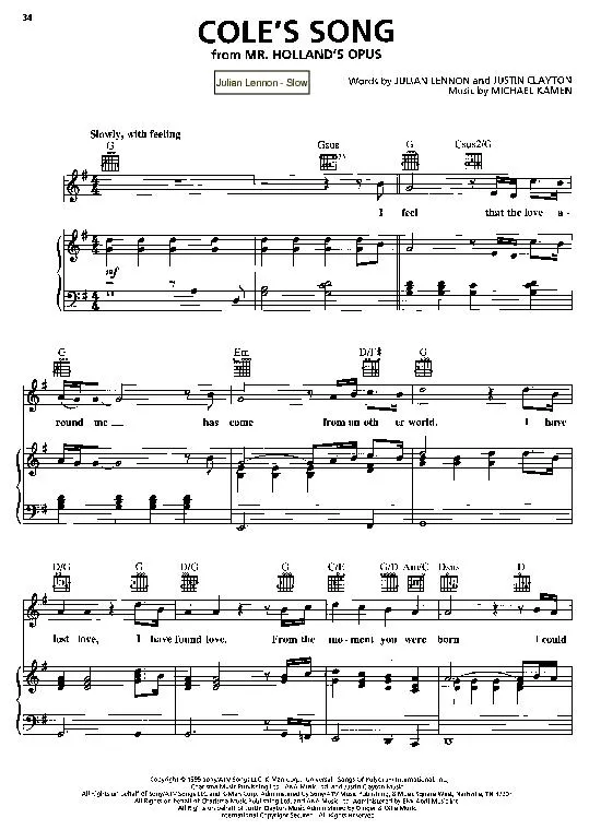 télécharger la partition d'accordéon Cole's Song (Du Film : Mr Holland's opus) (Chant : Julian Lennon) (Slow) au format PDF