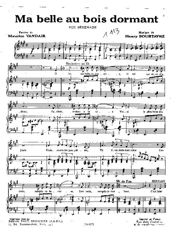 télécharger la partition d'accordéon Ma belle au bois dormant (Chant : Luis Mariano / Rudy Hirigoyen / Adrien Adrius / Jean Patart) (Fox Sérénade) au format PDF