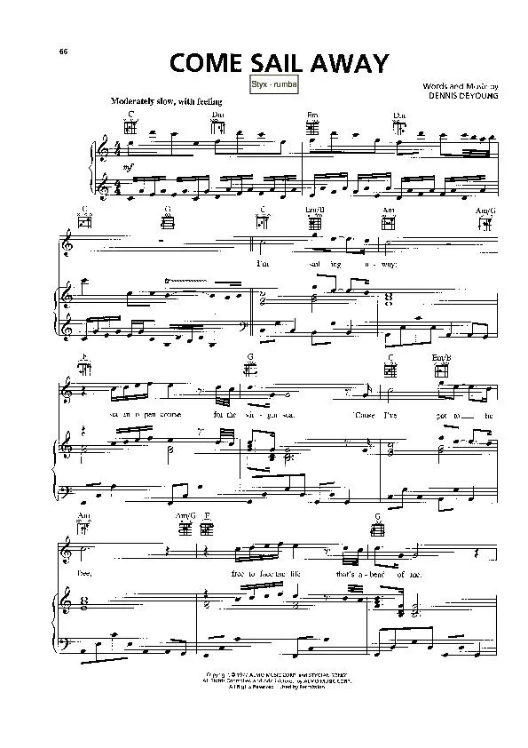 télécharger la partition d'accordéon Come sail away (Interprètes : Styx) (Rumba) au format PDF