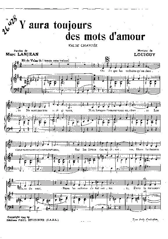 télécharger la partition d'accordéon Y aura toujours des mots d'amour (Chant : Georges Guétary / Jacques Hélian) (Valse) au format PDF