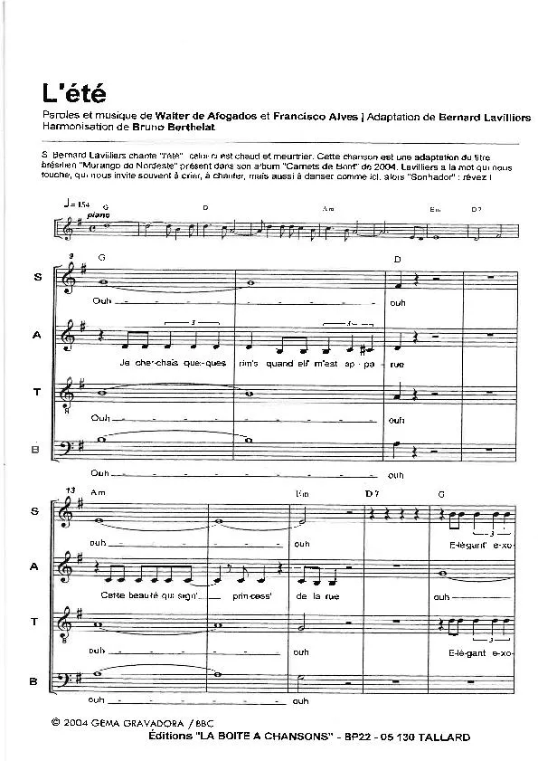 télécharger la partition d'accordéon L'été (Morango do Nordeste) (Adaptation de : Bernard Lavilliers) (Harmonisation de : Bruno Berthelat) au format PDF