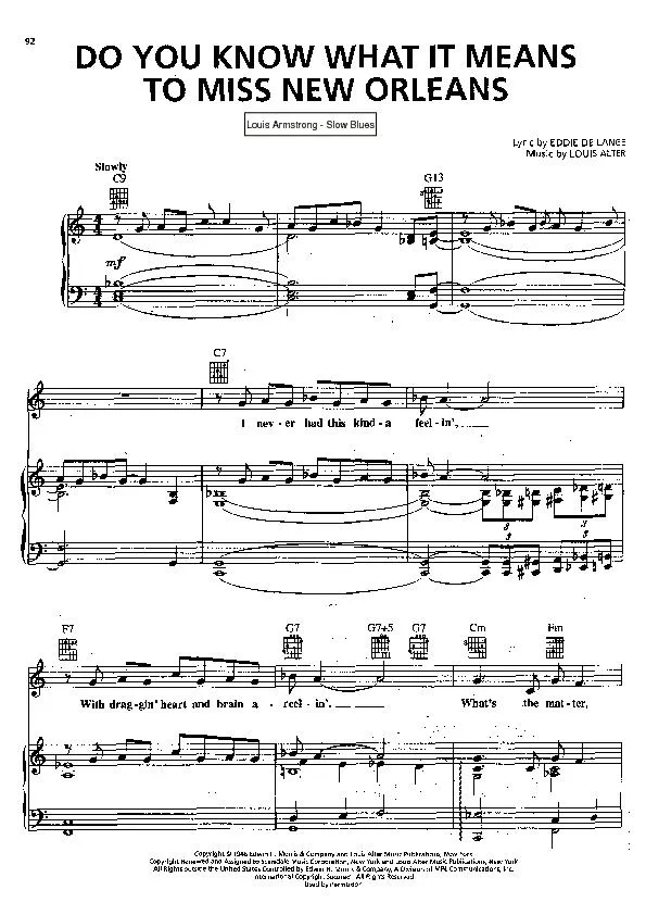 télécharger la partition d'accordéon Do you know what it means to miss New Orleans (Chant : Louis Armstrong) (Slow Blues) au format PDF