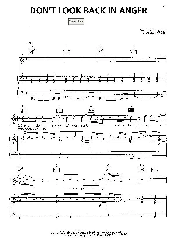 télécharger la partition d'accordéon Don't look back in anger (Interprètes : Oasis) (Slow) au format PDF