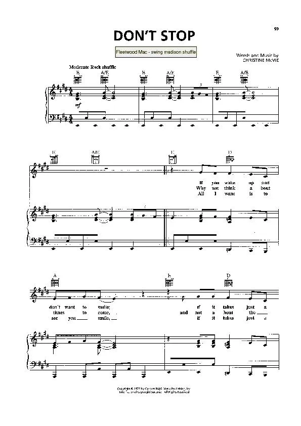 télécharger la partition d'accordéon Don't stop (Interprètes : Fleetwood Mac) (Swing Madison Shuffle) au format PDF