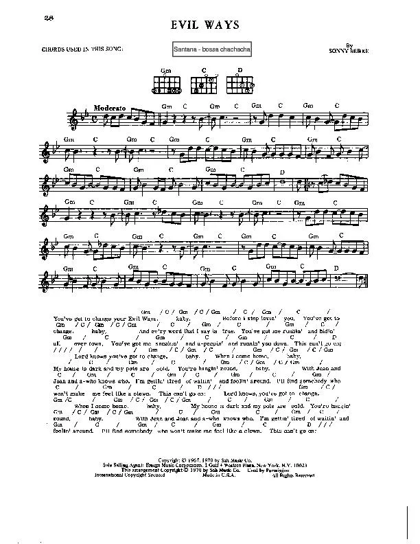 télécharger la partition d'accordéon Evil ways (Interprètes : Santana) (Cha Cha) au format PDF