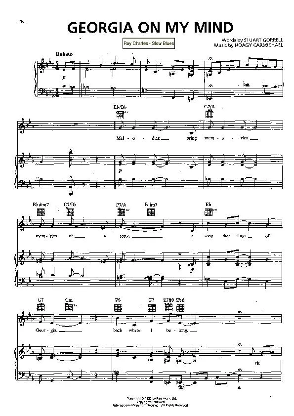 télécharger la partition d'accordéon Georgia on my mind (Chant : Ray Charles) (Slow Blues) au format PDF