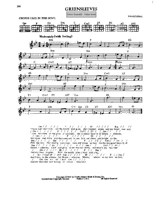 télécharger la partition d'accordéon Greensleeves (Chant : Vince Guaraldi) (Valse Lente) au format PDF