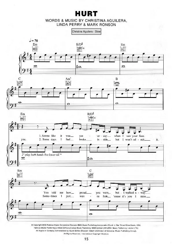 télécharger la partition d'accordéon Hurt (Chant : Christina Aguilera) (Slow) au format PDF
