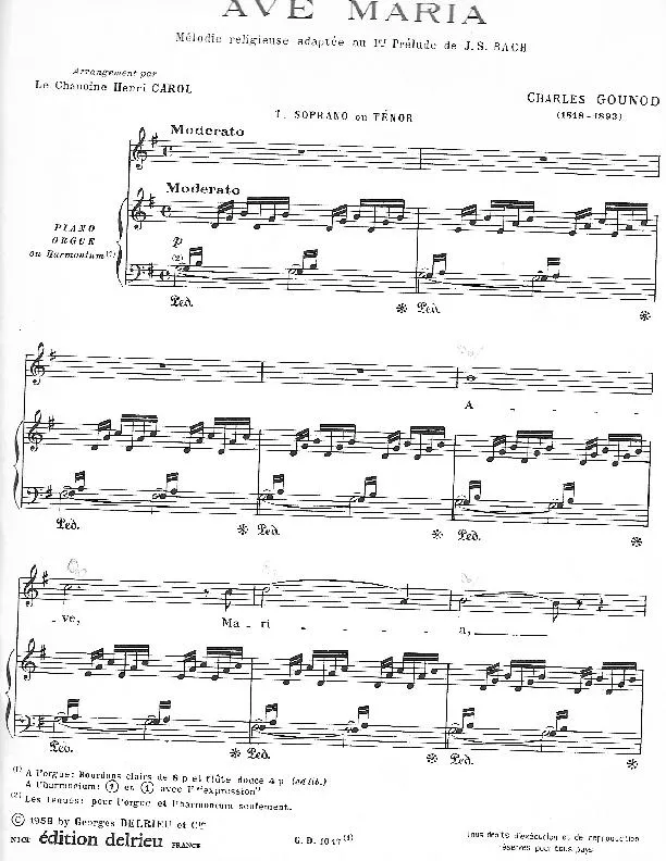 télécharger la partition d'accordéon Ave Maria (Mélodie religieuse adaptée au 1er prélude de Jean-Sébastien Bach) (Arrangement par le chanoine Henri Carol) (Partie piano orgue) au format PDF