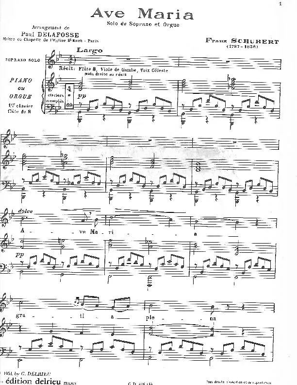télécharger la partition d'accordéon Ave Maria (Solo de soprano et orgue) (Arrangement de Paul Delafosse) (Partie Piano Orgue) au format PDF