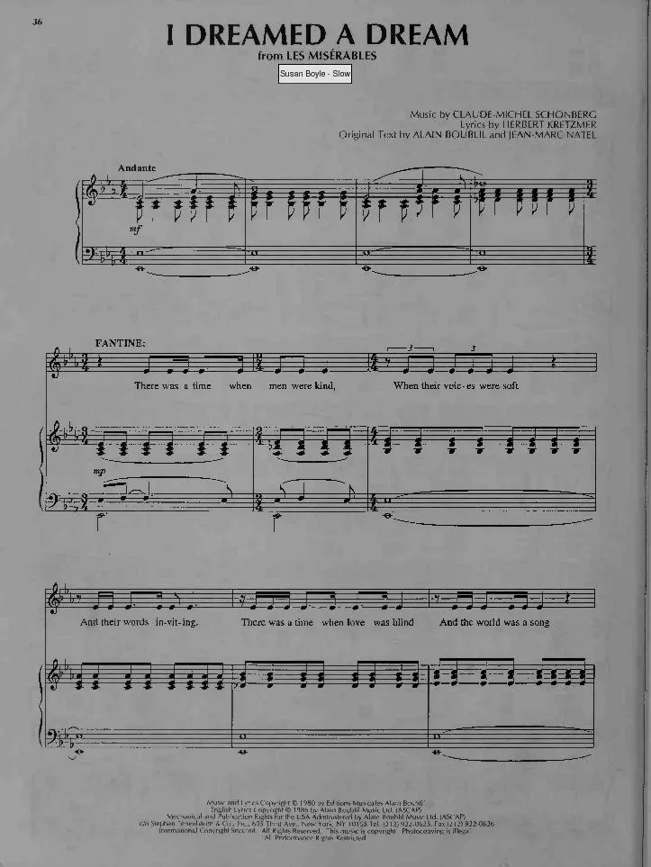 télécharger la partition d'accordéon I dreamed a dream (Chant : Susan Boyle) (Du Film : Les Misérables) (Slow) au format PDF