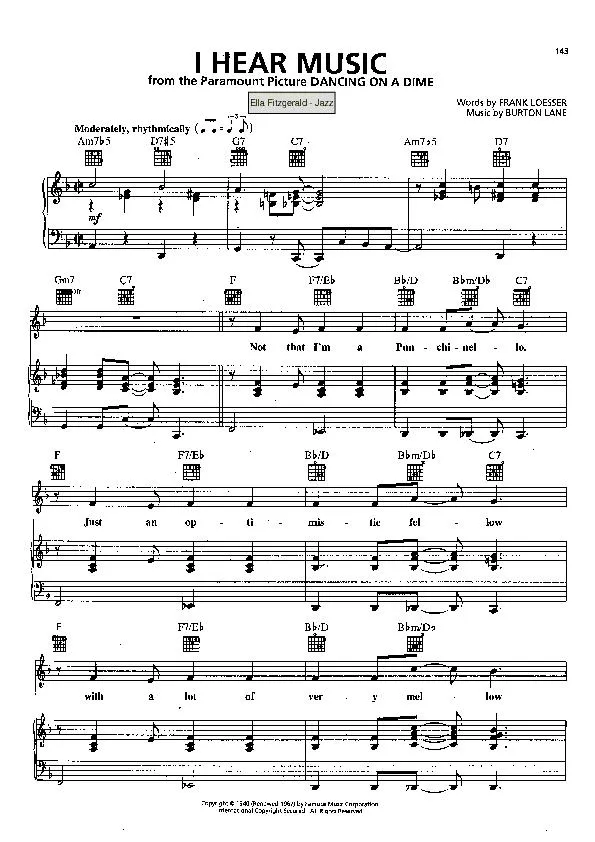 télécharger la partition d'accordéon I hear music (Du Film : Dancing on a dime) (Chant : Ella Fitzferald) (Jazz) au format PDF