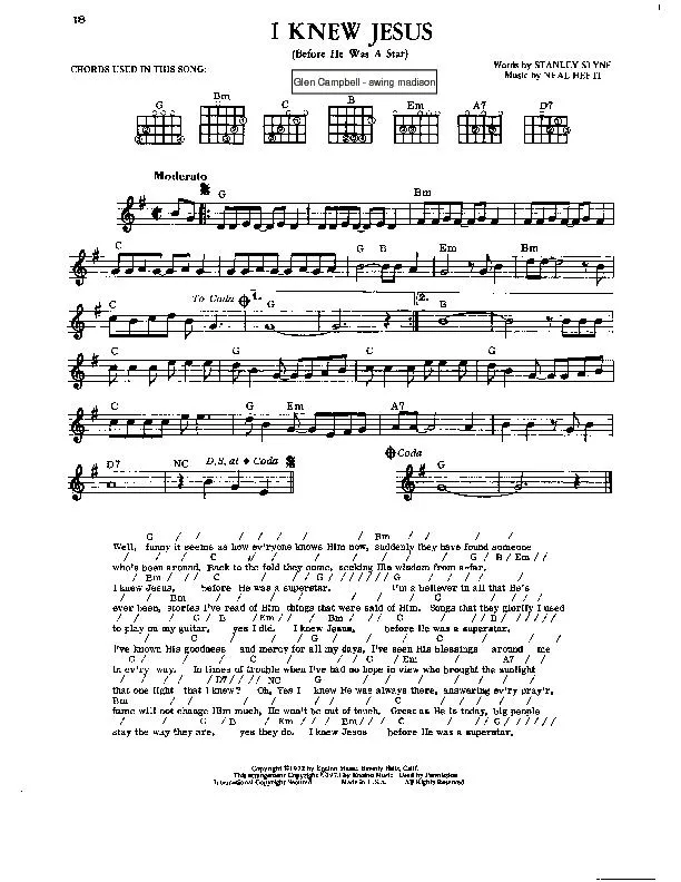télécharger la partition d'accordéon I knew Jesus (Before He was a Star) (Chant : Glen Campbell) (Swing Madison) au format PDF