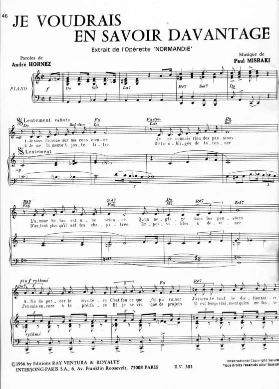 télécharger la partition d'accordéon Je voudrais en savoir davantage (Extrait de l'Opérette : Normandie) au format PDF