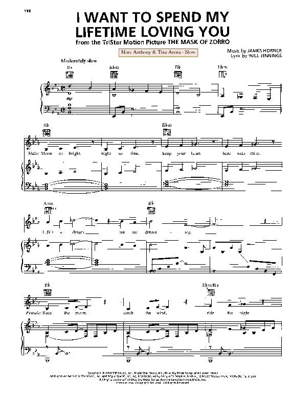télécharger la partition d'accordéon I want to spend my lifetime loving you (Du Film : The Mask of Zorro) (Chant : Marc Anthony & Tina Arena) (Slow) au format PDF