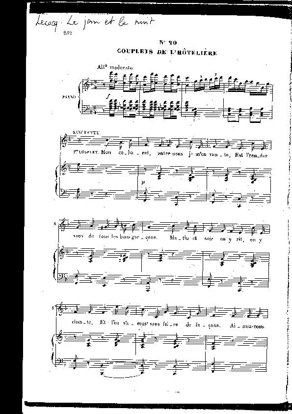 télécharger la partition d'accordéon Couplet de l’hôtelière (De l'Opérette : Le jour et la nuit) (Pour Piano) au format PDF