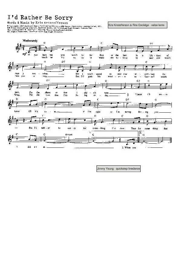 télécharger la partition d'accordéon I'd rather be sorry (Chant : Kris Kristofferson / Rita Coolidge) (Valse Lente) au format PDF