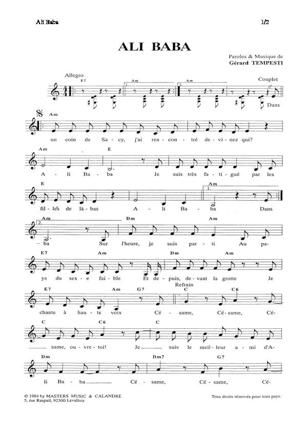 télécharger la partition d'accordéon Ali Baba (Chant : André Bézu) au format PDF