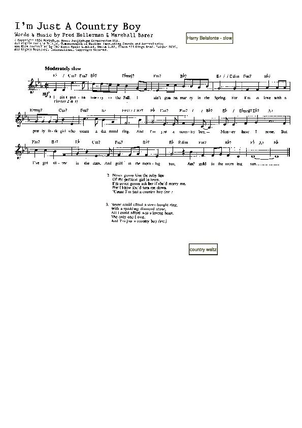 télécharger la partition d'accordéon I'm just a country boy (Chant : Harry Belafonte) (Slow) au format PDF