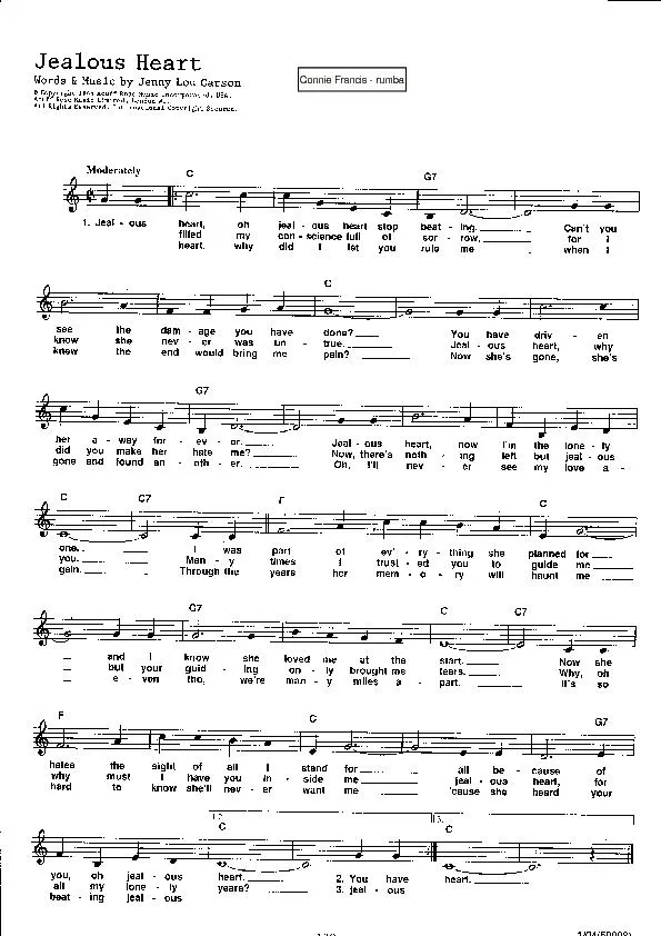 télécharger la partition d'accordéon Jealous heart (Chant : Connie Francis) (Rumba) au format PDF
