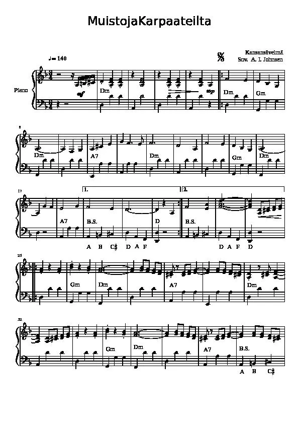 télécharger la partition d'accordéon Muistoja Karpaateilta (Souvenirs des Carpates) (Arrangement :  A I Johnsen) (valse) au format PDF
