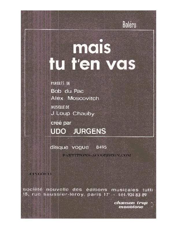 télécharger la partition d'accordéon Mais tu t'en vas (Chant : Udo Jürgens) (Orchestration) (Boléro Calypso) au format PDF