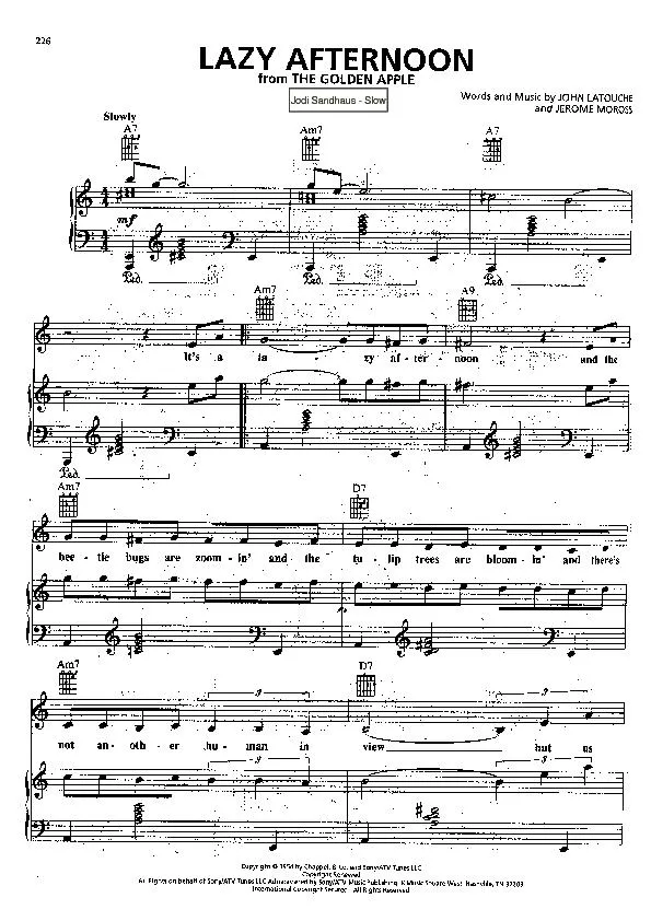 télécharger la partition d'accordéon Lazy afternoon (Du Film : The Golden apple) (Chant : Jodi Sandhaus) (Slow) au format PDF