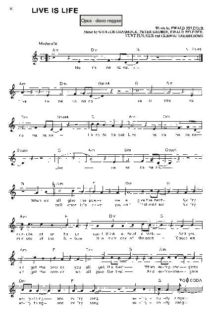 télécharger la partition d'accordéon Live is life (Interprètes : Opus) (Disco Reggae) au format PDF