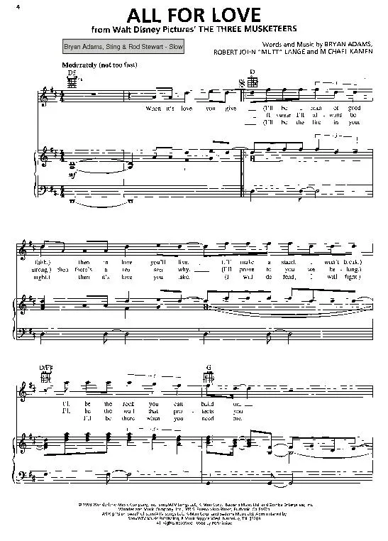 télécharger la partition d'accordéon All for love (Du Film : The Three Musketeers / Les trois Mousquetaires) (Interprètes :  Bryan Adams / Rod Stewart / Sting) (Slow) au format PDF