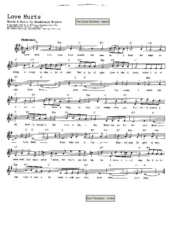 télécharger la partition d'accordéon Love hurts (Interprètes : The Everly Brothers) (Bolero) au format PDF