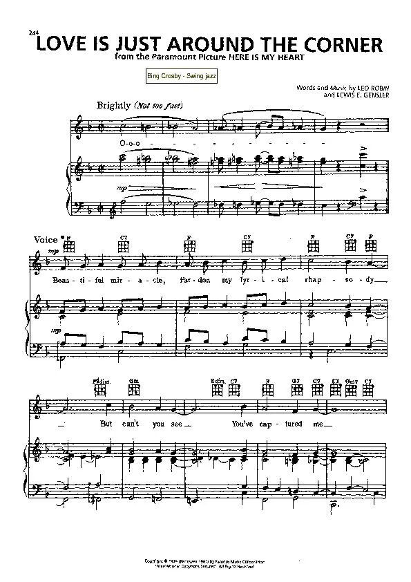 télécharger la partition d'accordéon Love is just around the corner (Du Film : Here is my heart) (Chant : Bing Crosby) (Swing Jazz) au format PDF