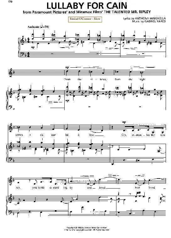 télécharger la partition d'accordéon Lullaby for Cain (Du Film : The talented Mr Ripley) (Chant : Sinéad O'Connor) (Slow) au format PDF
