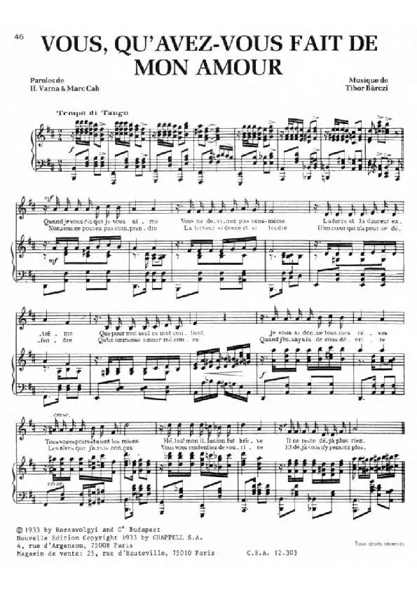 télécharger la partition d'accordéon Vous qu'avez-vous fait de mon amour (Chant : Jean Lumière / Tino Rossi / Ray Ventura) (Tango) au format PDF
