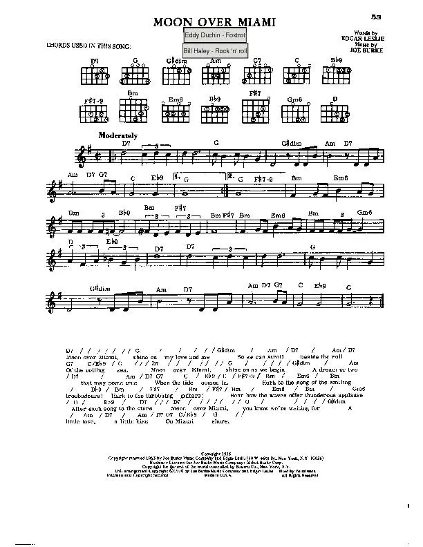 télécharger la partition d'accordéon Moon over Miami (Chant : Eddy Duchin / Foxtrot) (Chant : Bill Haley / Rock and Roll) au format PDF
