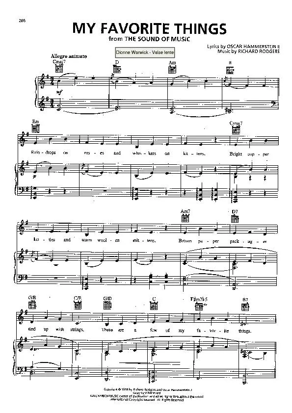 télécharger la partition d'accordéon My favorite things (Du Film : The sound of music) (Chant : Dionne Warwick) (Valse Boston) au format PDF