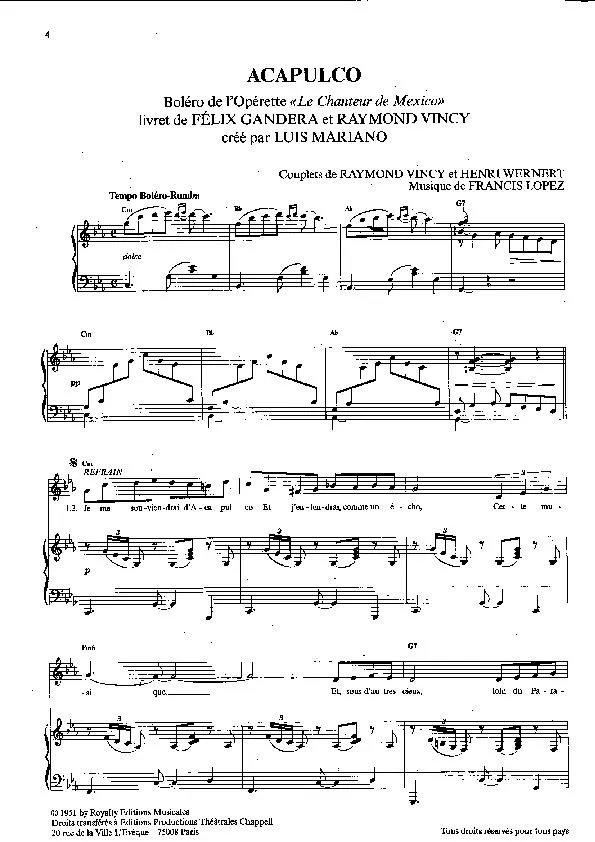 télécharger la partition d'accordéon Acapulco (De l'Opérette : Le chanteur de Mexico) (Chant : Luis Mariano) (Boléro Rumba) au format PDF