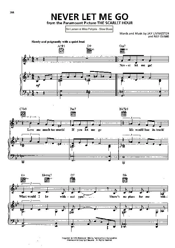 télécharger la partition d'accordéon Never let me go (Du Film : The Scarlet hour) (Chant : Siri Larsen / Mika Pohjola) (Slow Blues) au format PDF