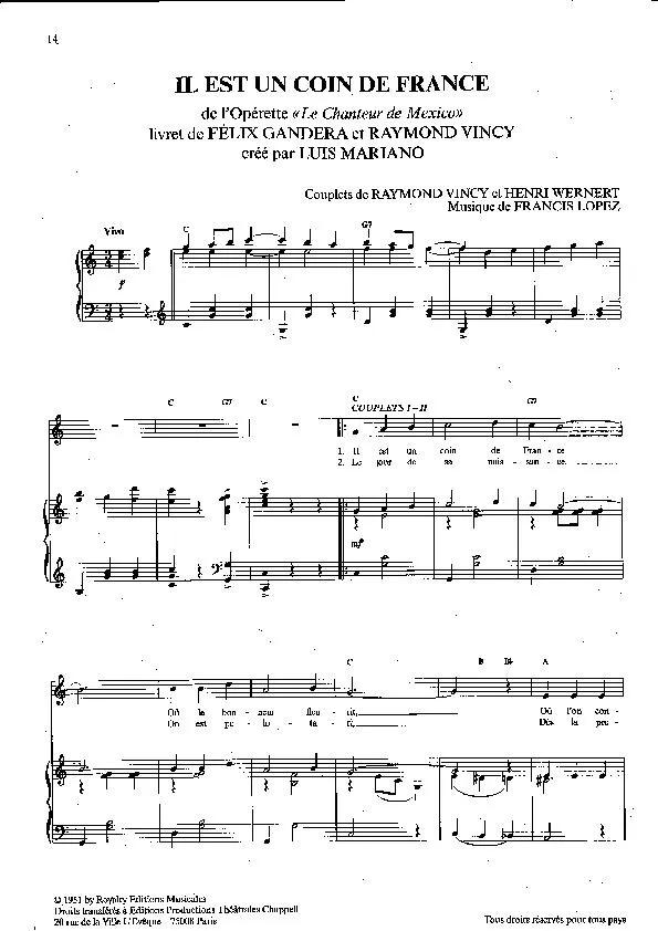 télécharger la partition d'accordéon Il est un coin de France (De l'Opérette : Le Chanteur de Mexico) (Chant : Luis Mariano) (Valse) au format PDF
