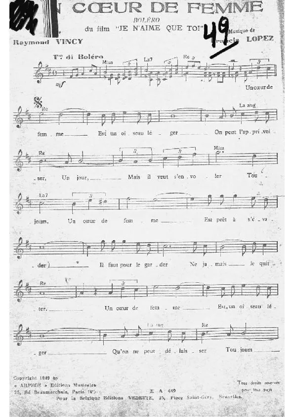 télécharger la partition d'accordéon Un coeur de femme (Du Film : Je n'aime que toi) (Chant : Luis Mariano) (Boléro) au format PDF