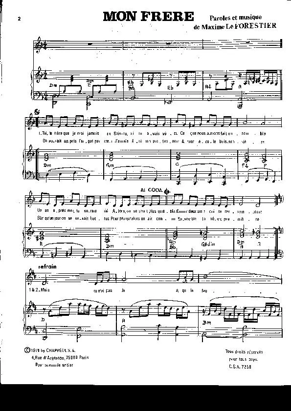 télécharger la partition d'accordéon Mon frère (Ballade Folk) au format PDF