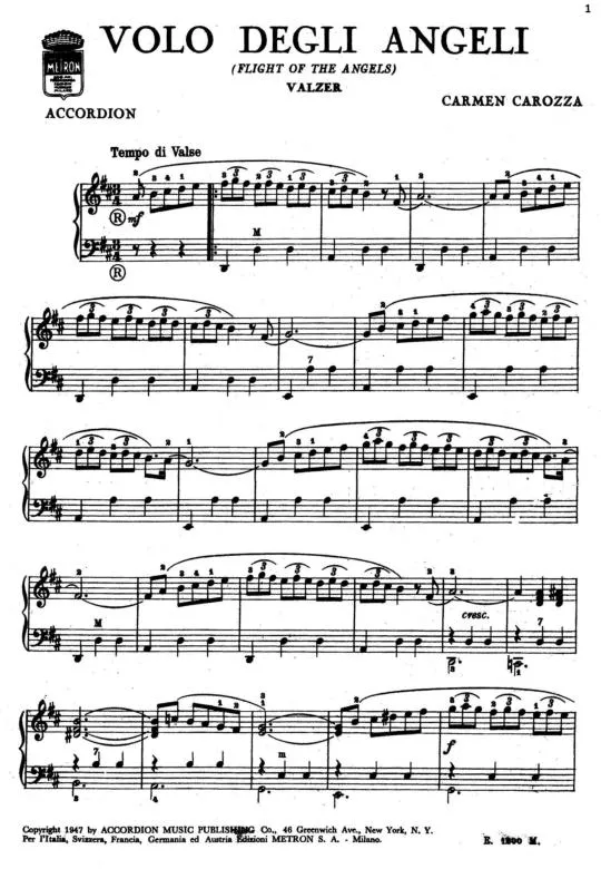 télécharger la partition d'accordéon Volo Degli Angeli (Flight of the angels) (Valse) au format PDF