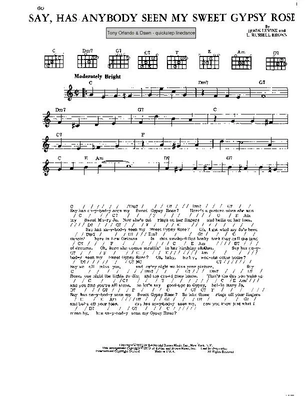 télécharger la partition d'accordéon Say Has anybody seen my sweet gypsy rose (Chant : Tony Orlando & Dawn) (Quickstep linedance) au format PDF