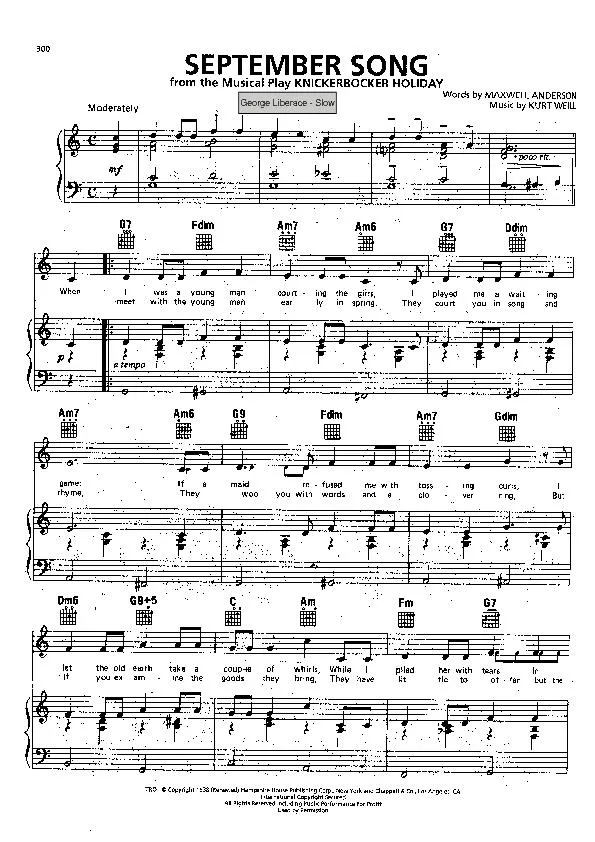 télécharger la partition d'accordéon September song (Du Film : Play knickerbocker holiday) (Chant : George Liberace) (Slow) au format PDF