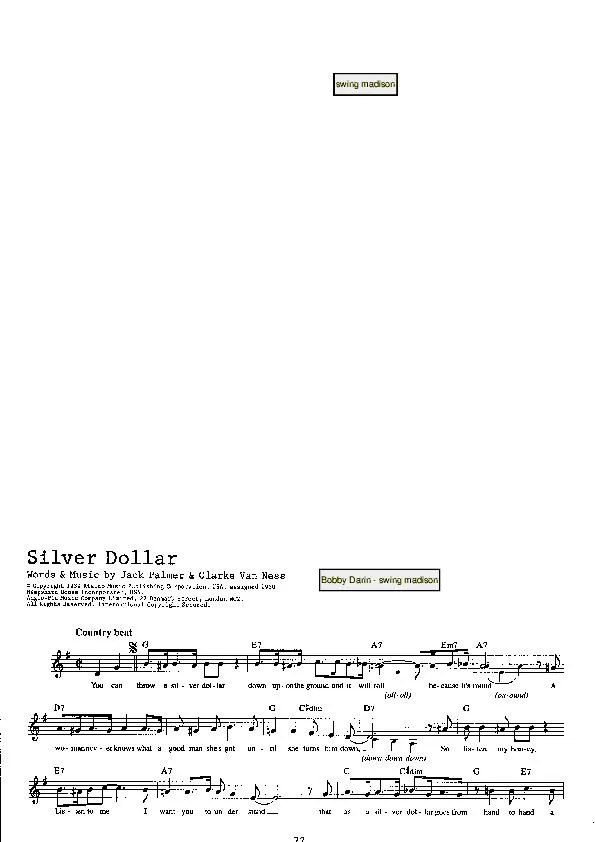 télécharger la partition d'accordéon Silver dollar (Chant : Bobby Darin) (Swing Madison) au format PDF